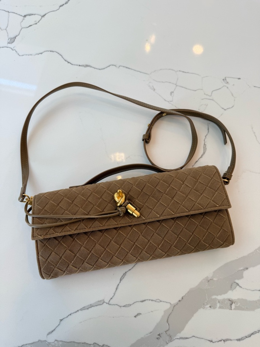 Woven Leather Crossbody Clutch in Taupe